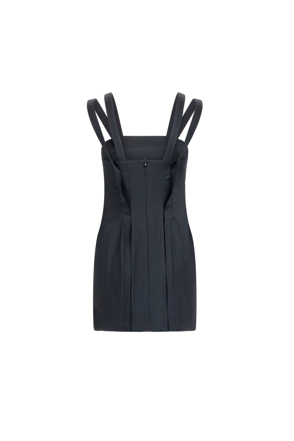 Black wool mini dress, double straps, clean back with hidden zip, straight hem