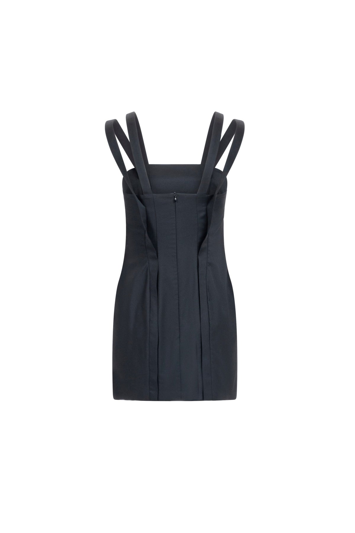 Black wool mini dress, double straps, clean back with hidden zip, straight hem