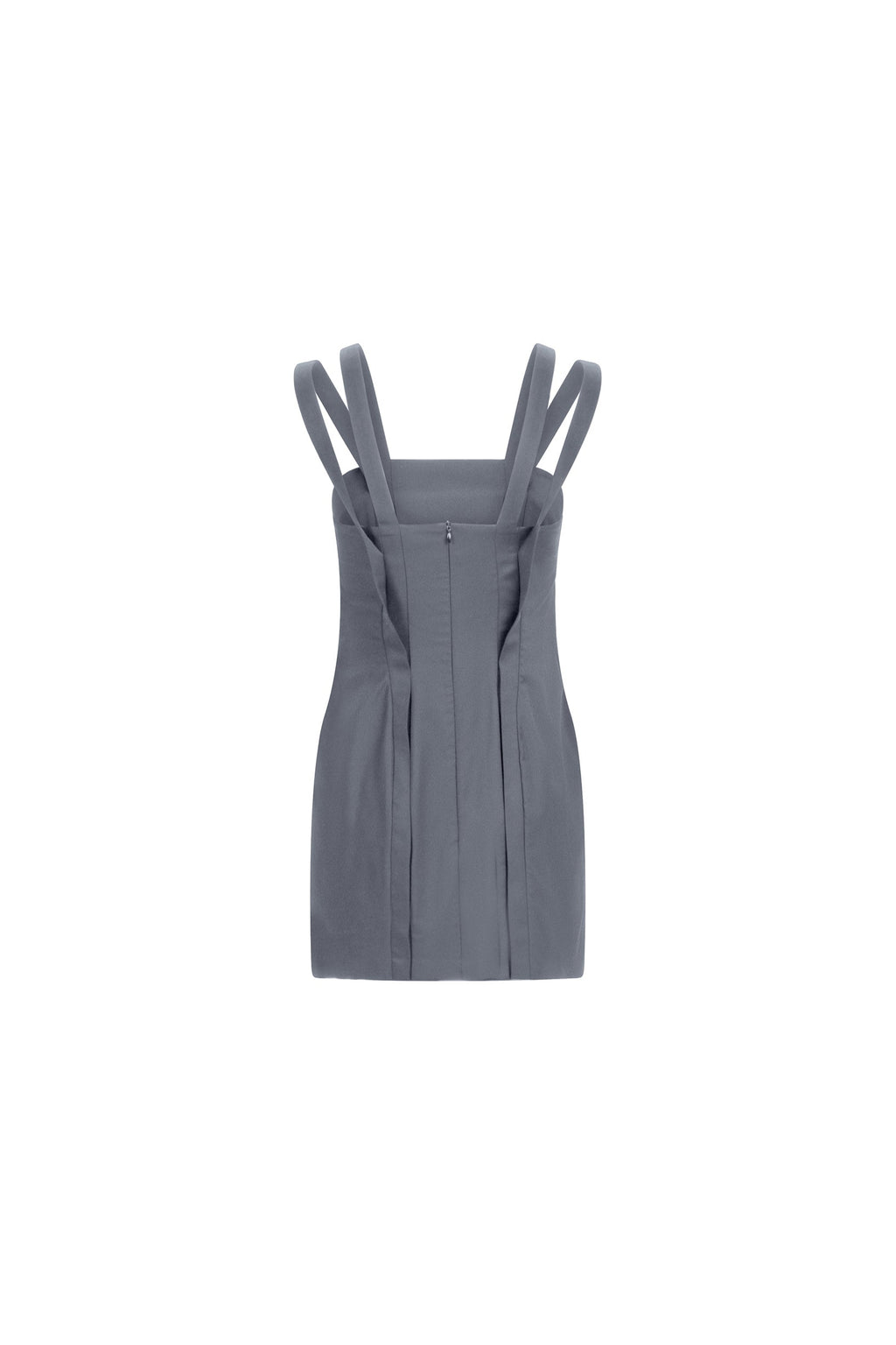 Gray wool mini dress, double straps, clean back with hidden zip, straight hem