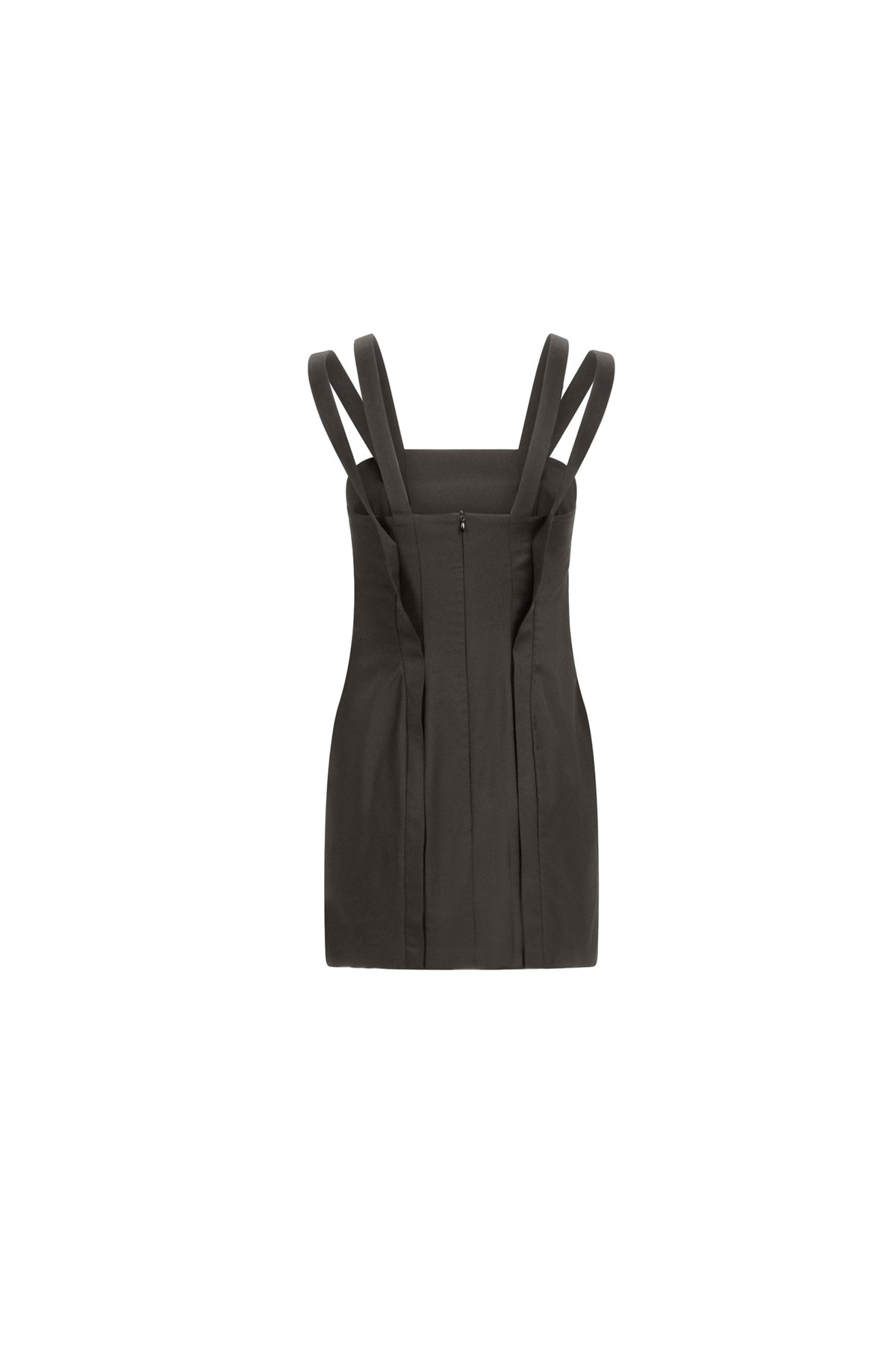 Dark brown wool mini dress, double straps, clean back with hidden zip, straight hem
