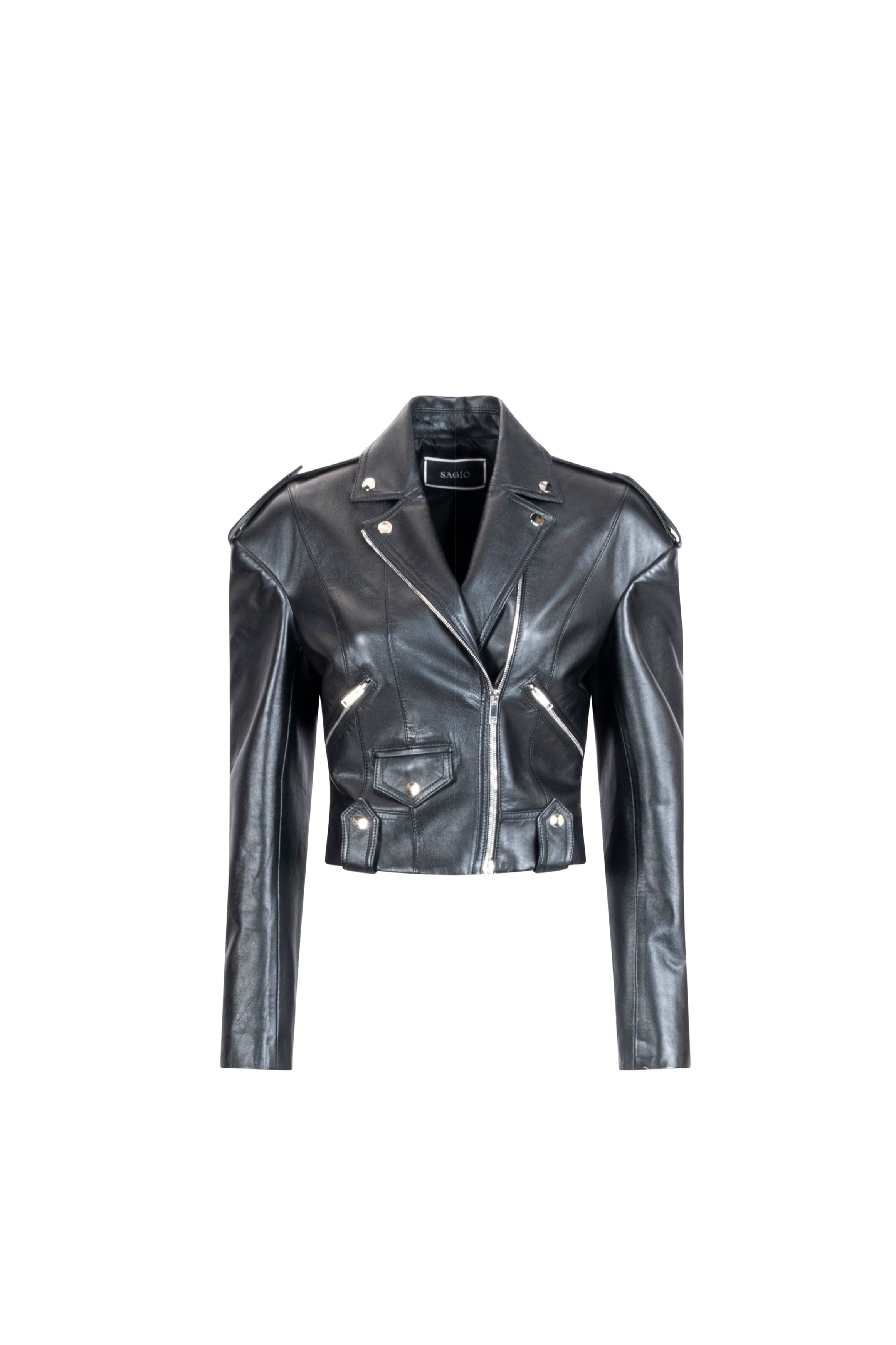 Women’s black cropped leather biker jacket with falling-shoulder detail and silver hardware