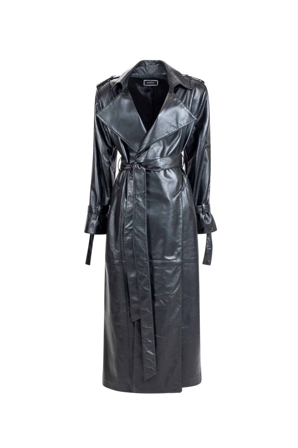 Black leather trench, wrap front and tie belt