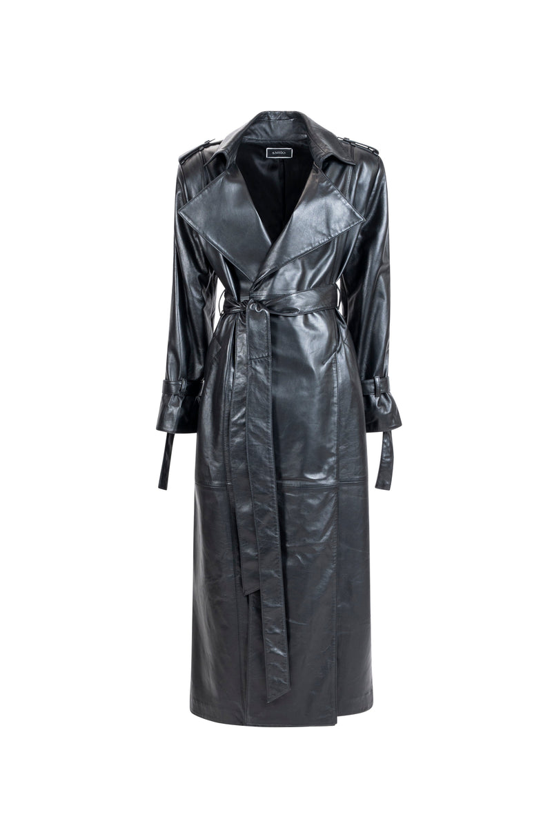 Black leather trench, wrap front and tie belt