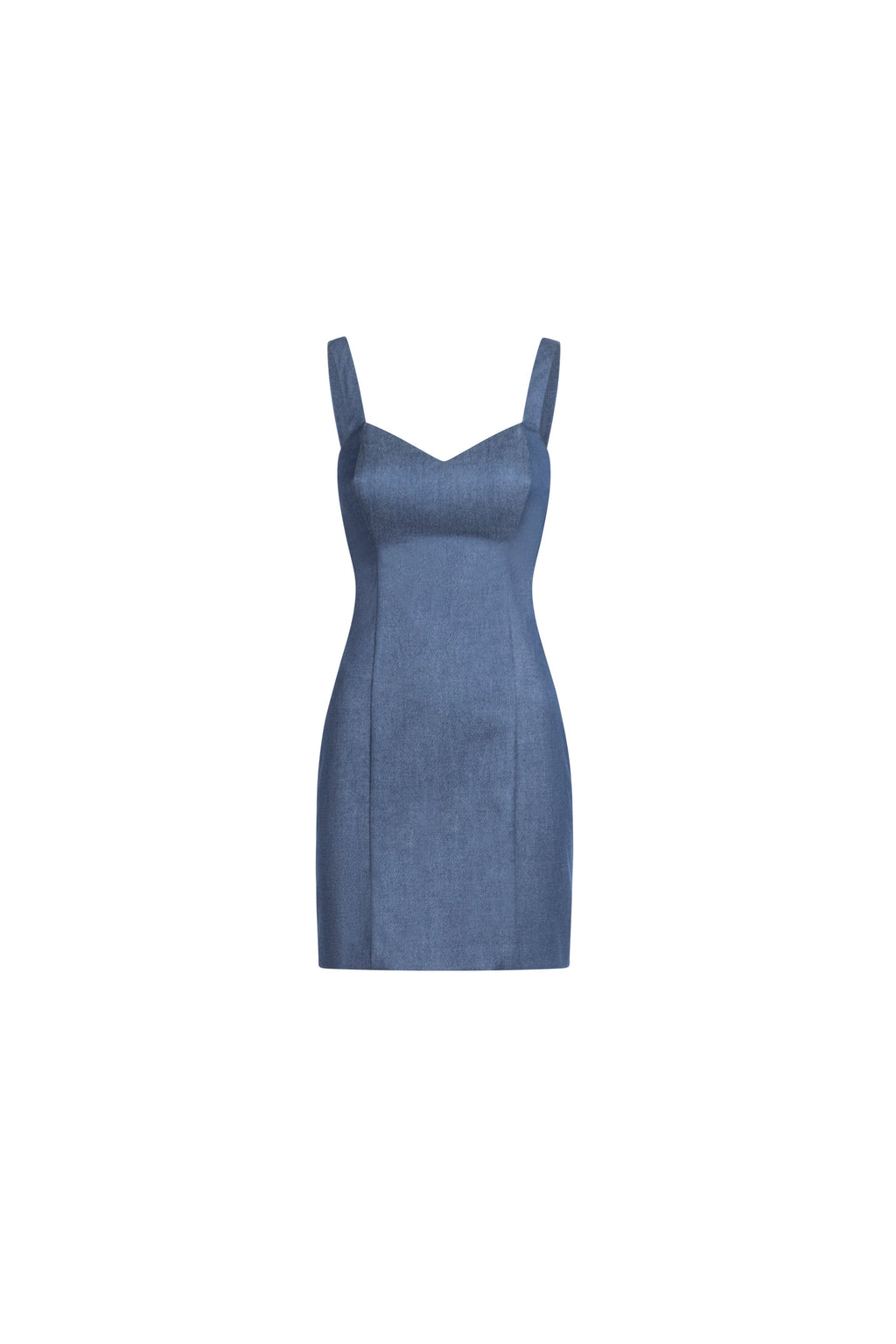 Indigo denim mini dress, cashmere-blend stretch, sweetheart neckline, wide straps, tailored seams, bodycon fit.
