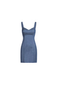 Indigo denim mini dress, cashmere-blend stretch, sweetheart neckline, wide straps, tailored seams, bodycon fit.