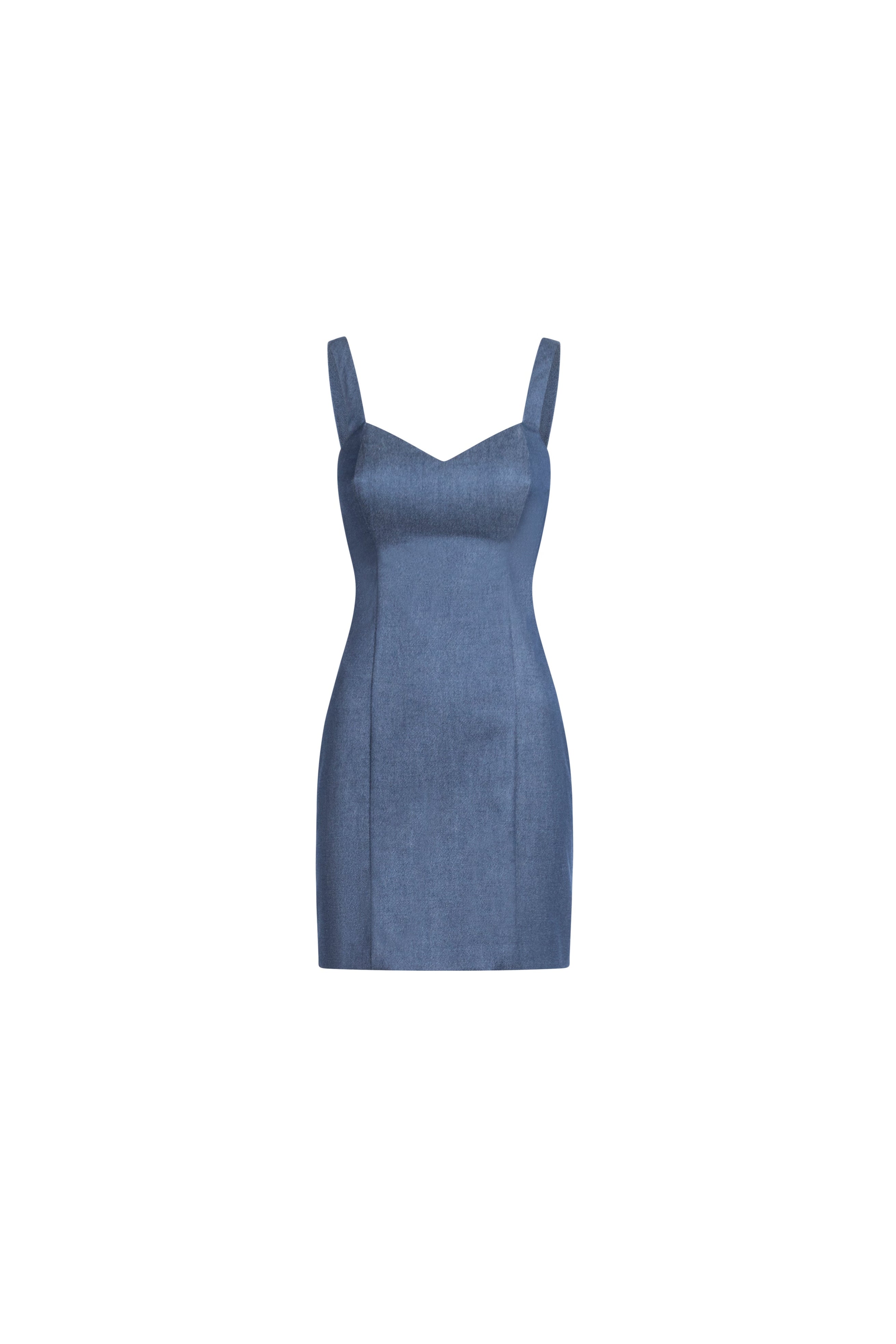 Indigo denim mini dress, cashmere-blend stretch, sweetheart neckline, wide straps, tailored seams, bodycon fit.