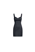 Black denim mini dress, cashmere-blend stretch, sweetheart neckline, wide straps, tailored seams, bodycon fit.