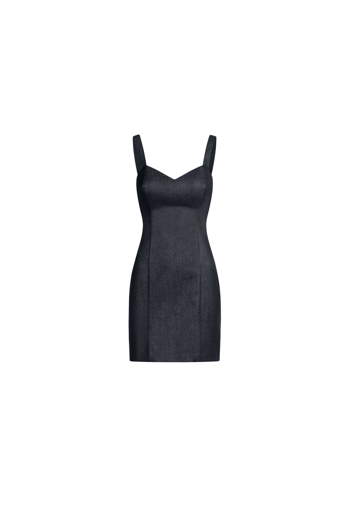 Black denim mini dress, cashmere-blend stretch, sweetheart neckline, wide straps, tailored seams, bodycon fit.
