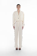 Falling Shoulders Jacket in light neutral virgin wool, front view, cropped tailored jacket with dropped shoulders