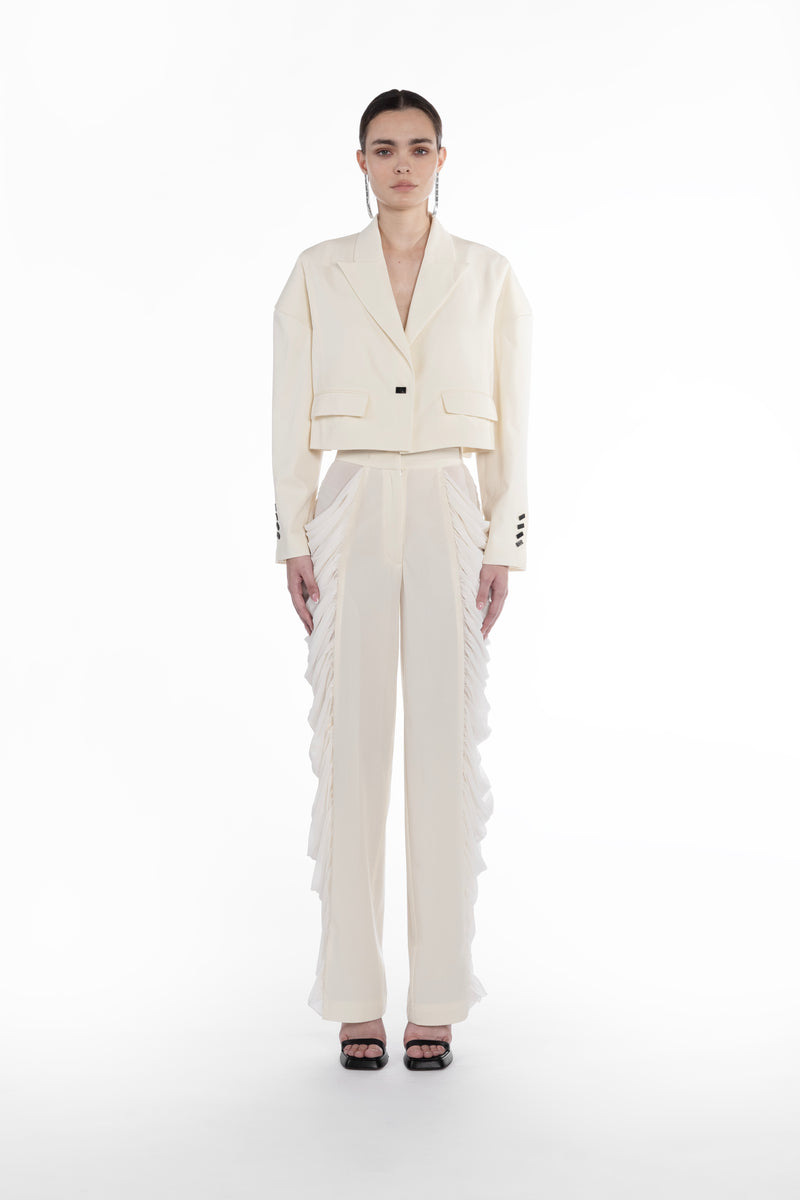 Falling Shoulders Jacket in light neutral virgin wool, front view, cropped tailored jacket with dropped shoulders
