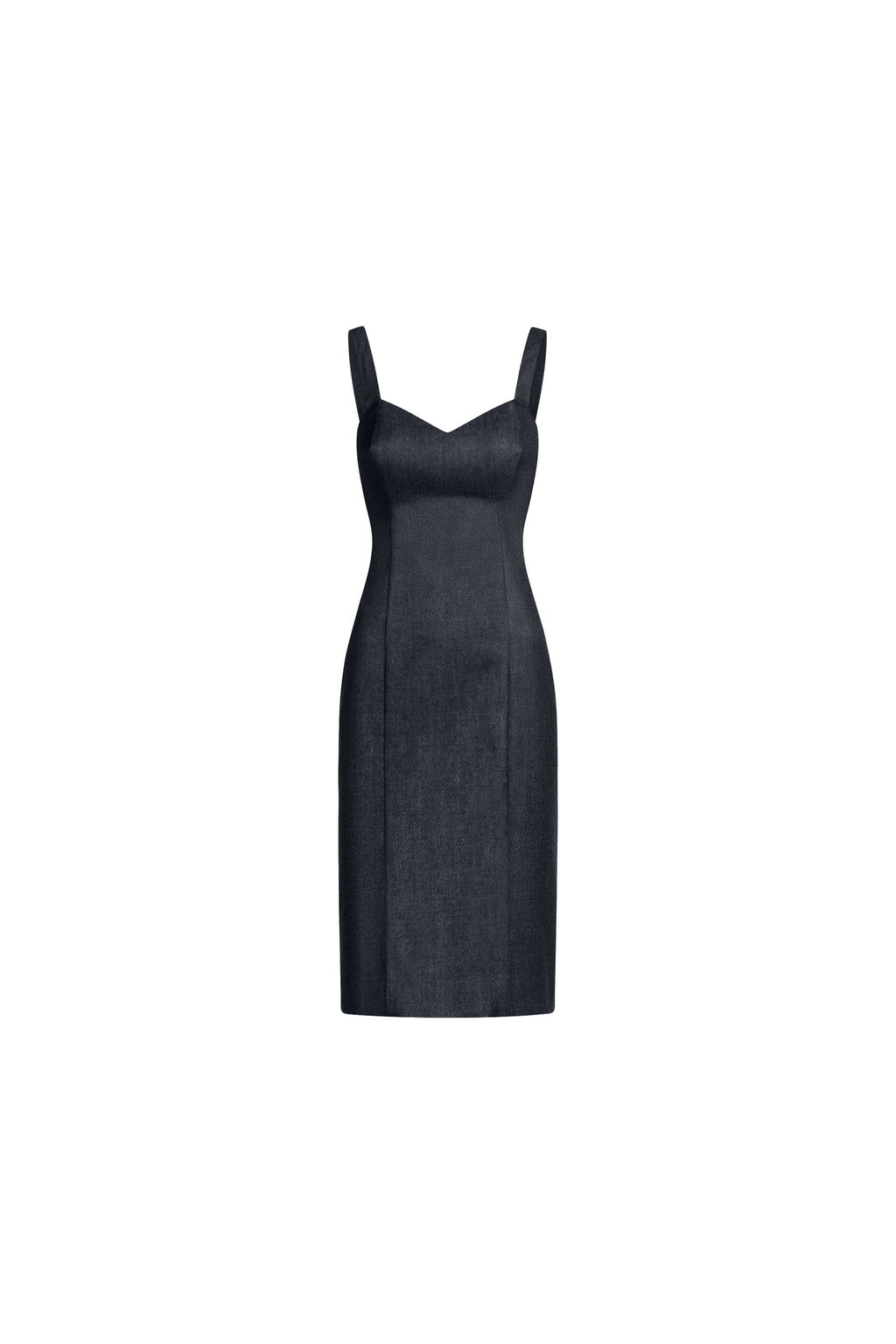 Front view of dark blue sculptural midi dress with fitted waist and wide straps