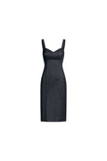 Front view of dark blue sculptural midi dress with fitted waist and wide straps
