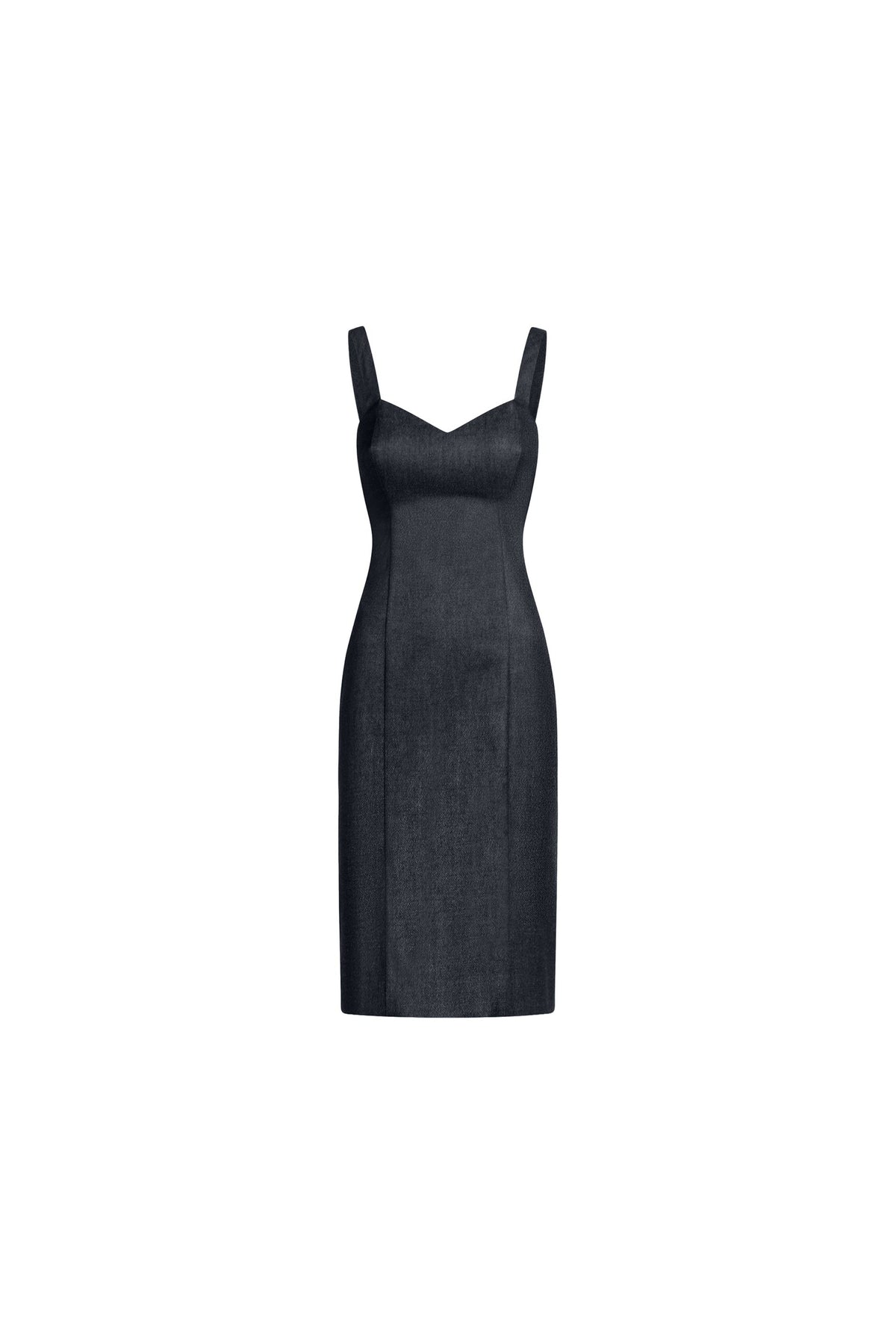 Front view of dark blue sculptural midi dress with fitted waist and wide straps