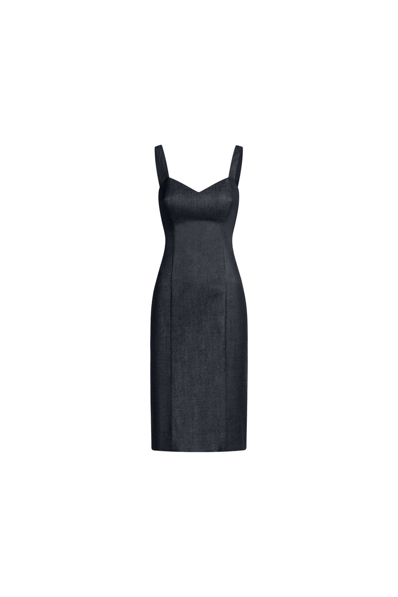 Front view of dark blue sculptural midi dress with fitted waist and wide straps