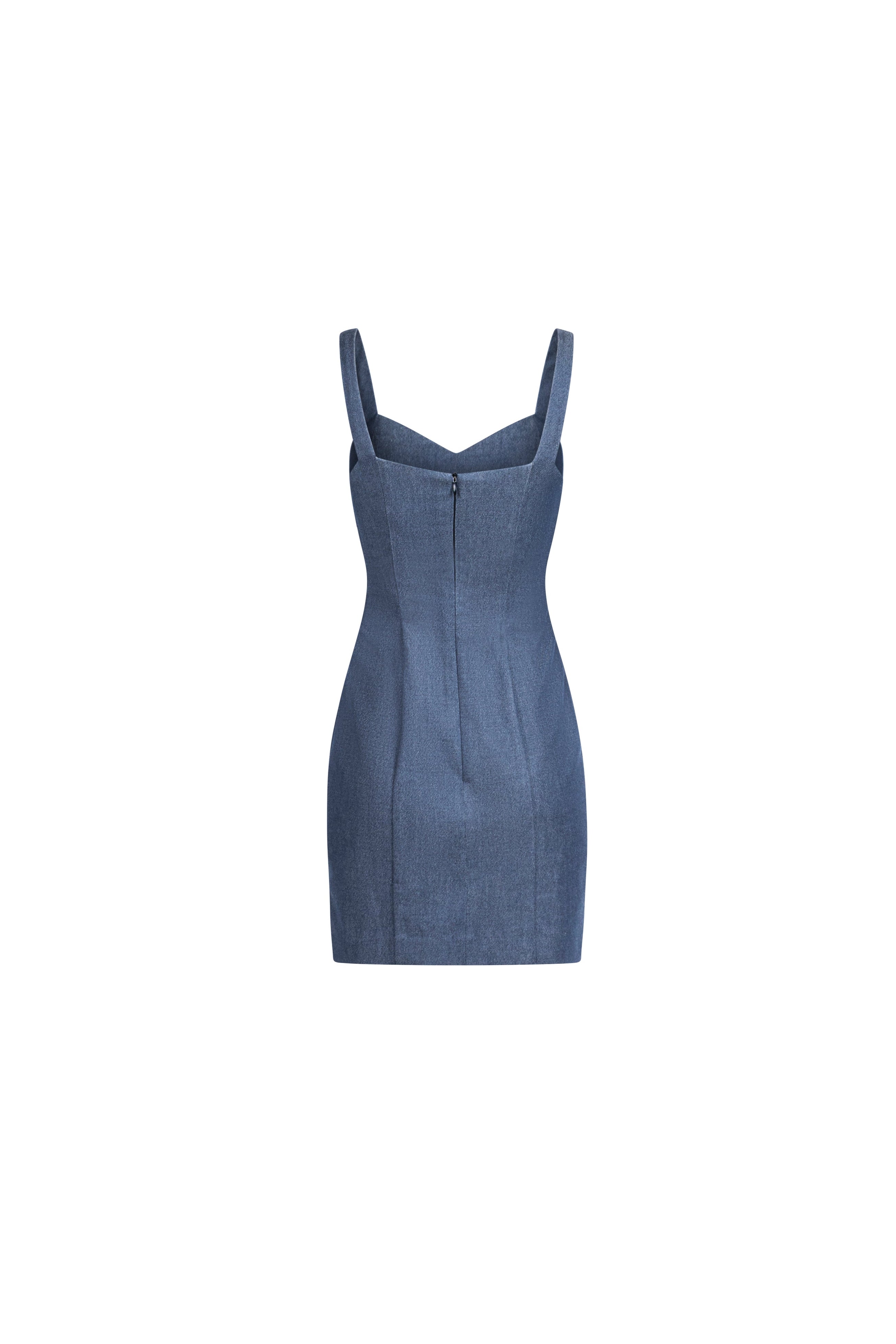 Indigo denim mini dress with center back zip, paneled seams, above-knee length, fitted silhouette.
