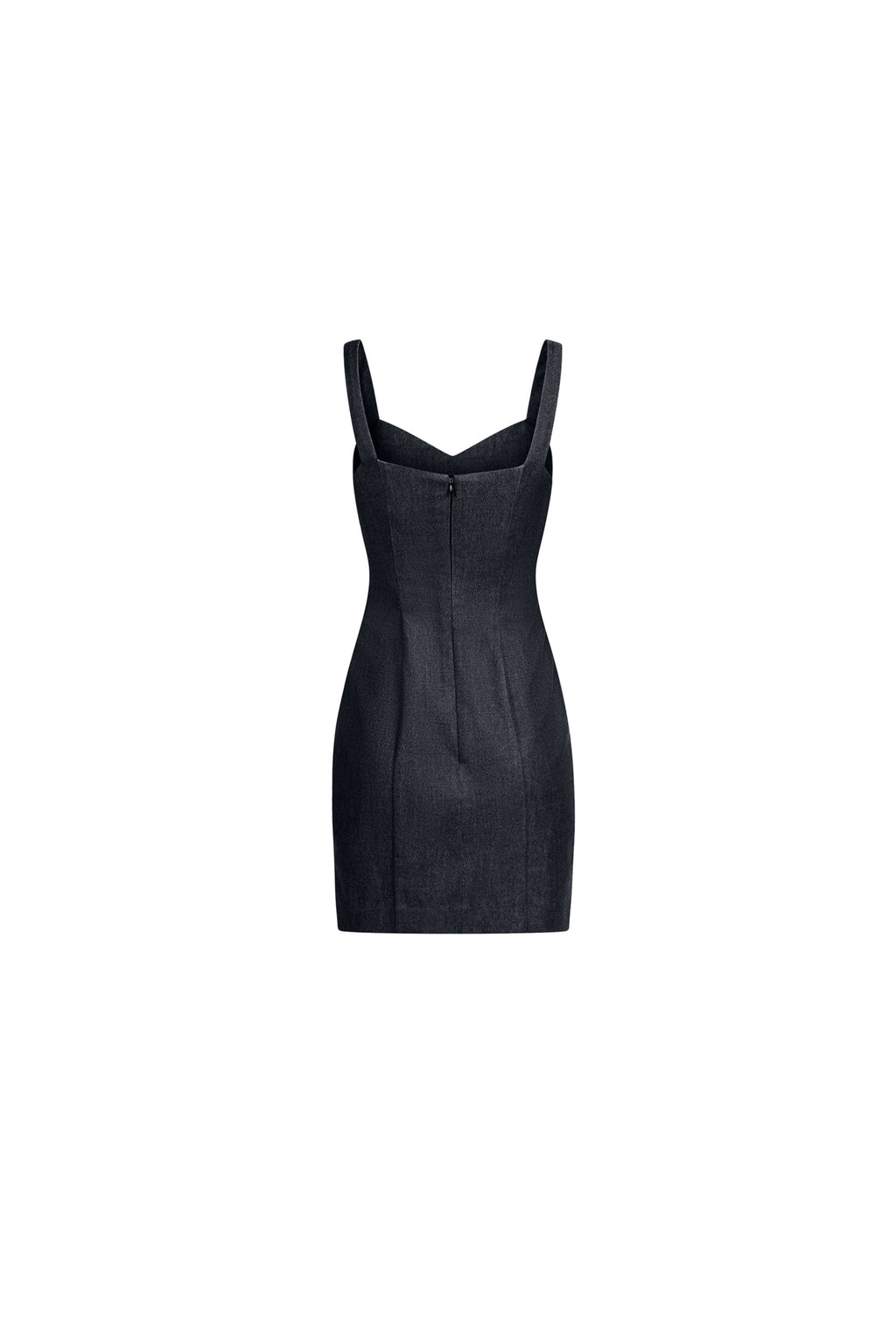 Black denim mini dress with center back zip, paneled seams, above-knee length, fitted silhouette.
