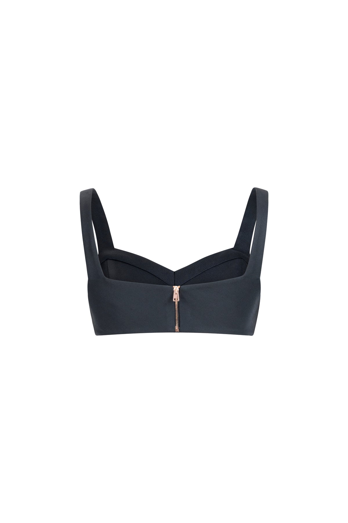 Geometric wool bustier top in black, front view, supportive straps