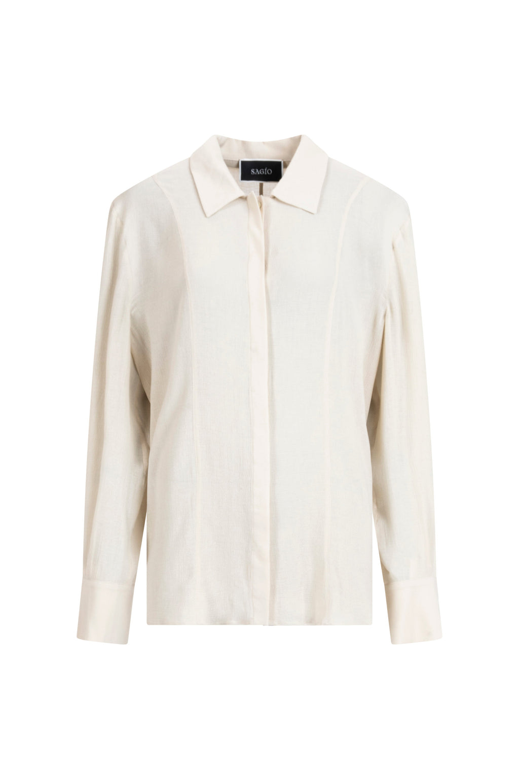 Ivory viscose-wool classic blouse with concealed placket and collar, long sleeves.