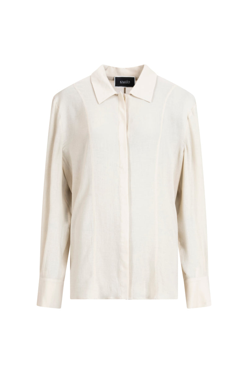 Ivory viscose-wool classic blouse with concealed placket and collar, long sleeves.