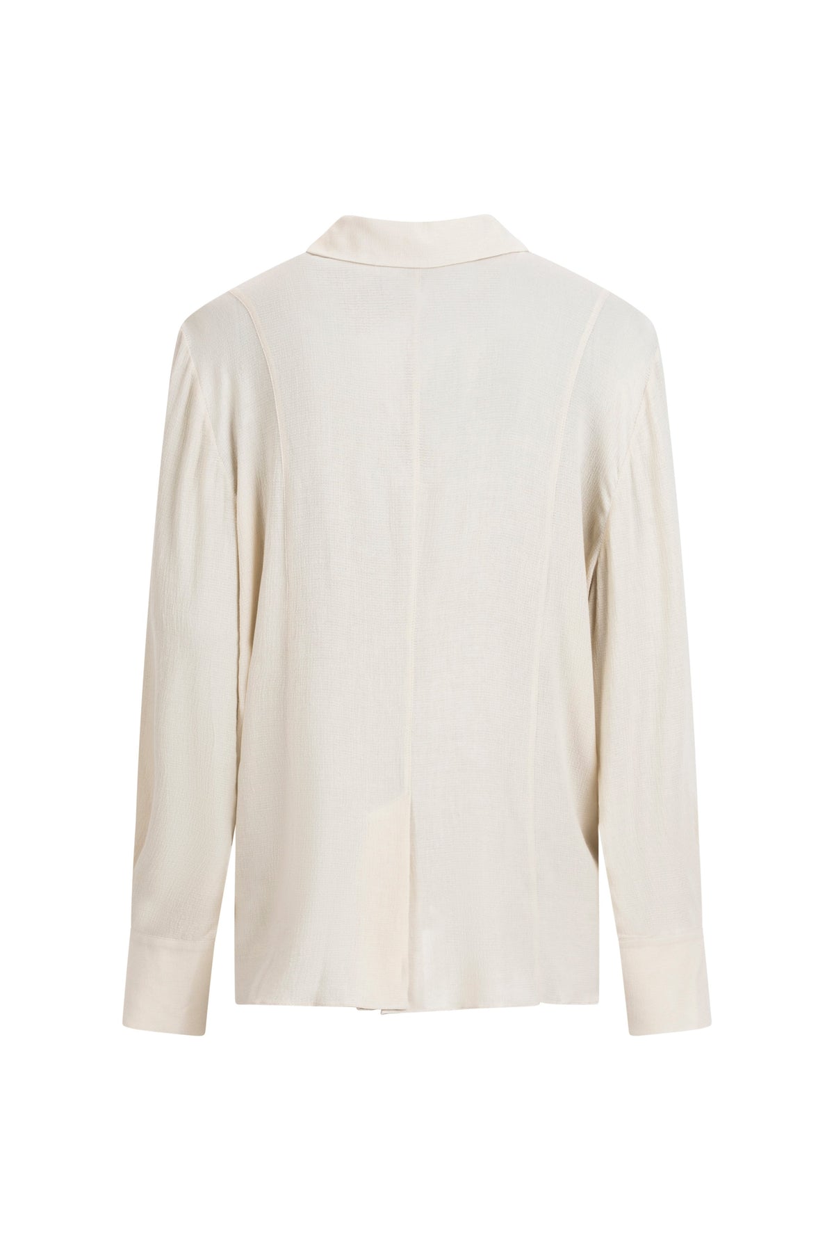 Ivory viscose-wool blouse showing soft drape, center seam and straight hem.