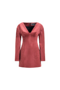 Falling Shoulders Dress in terracotta cotton with deep V neckline and long sleeves; tailored mini silhouette