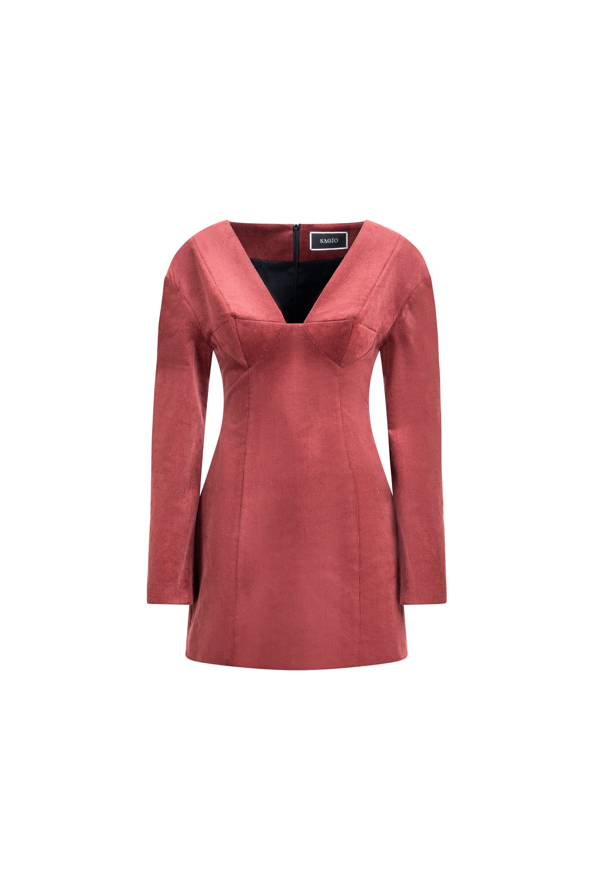 Falling Shoulders Dress in terracotta cotton with deep V neckline and long sleeves; tailored mini silhouette
