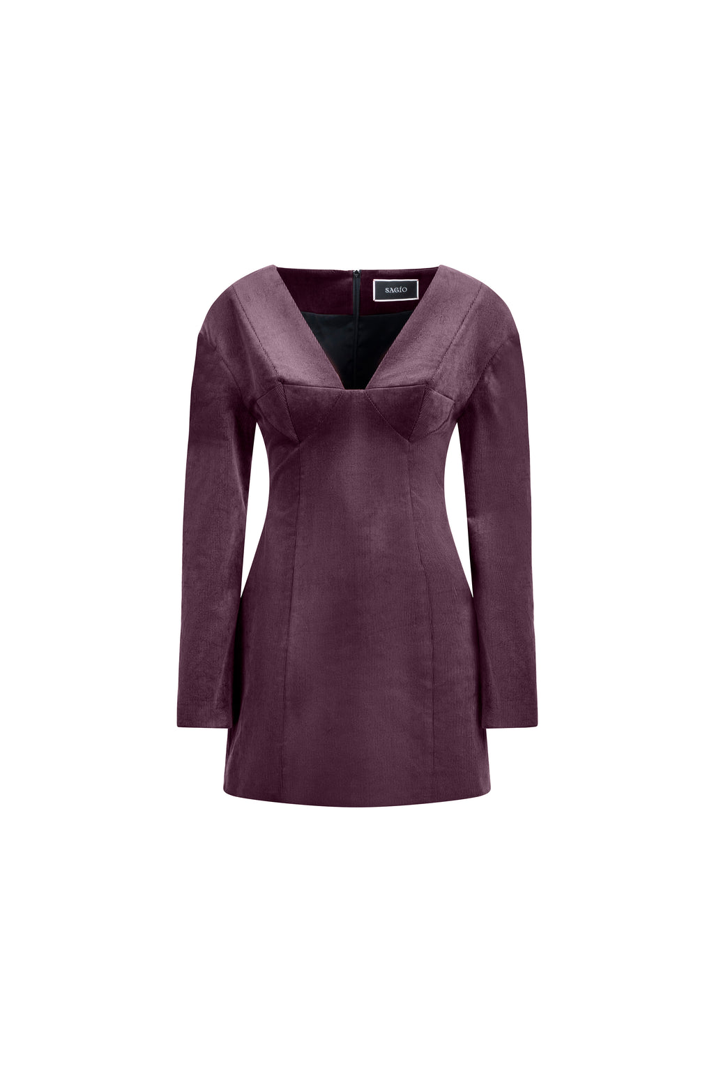 Falling Shoulders Dress in plum cotton with deep V neckline and long sleeves; tailored mini silhouette