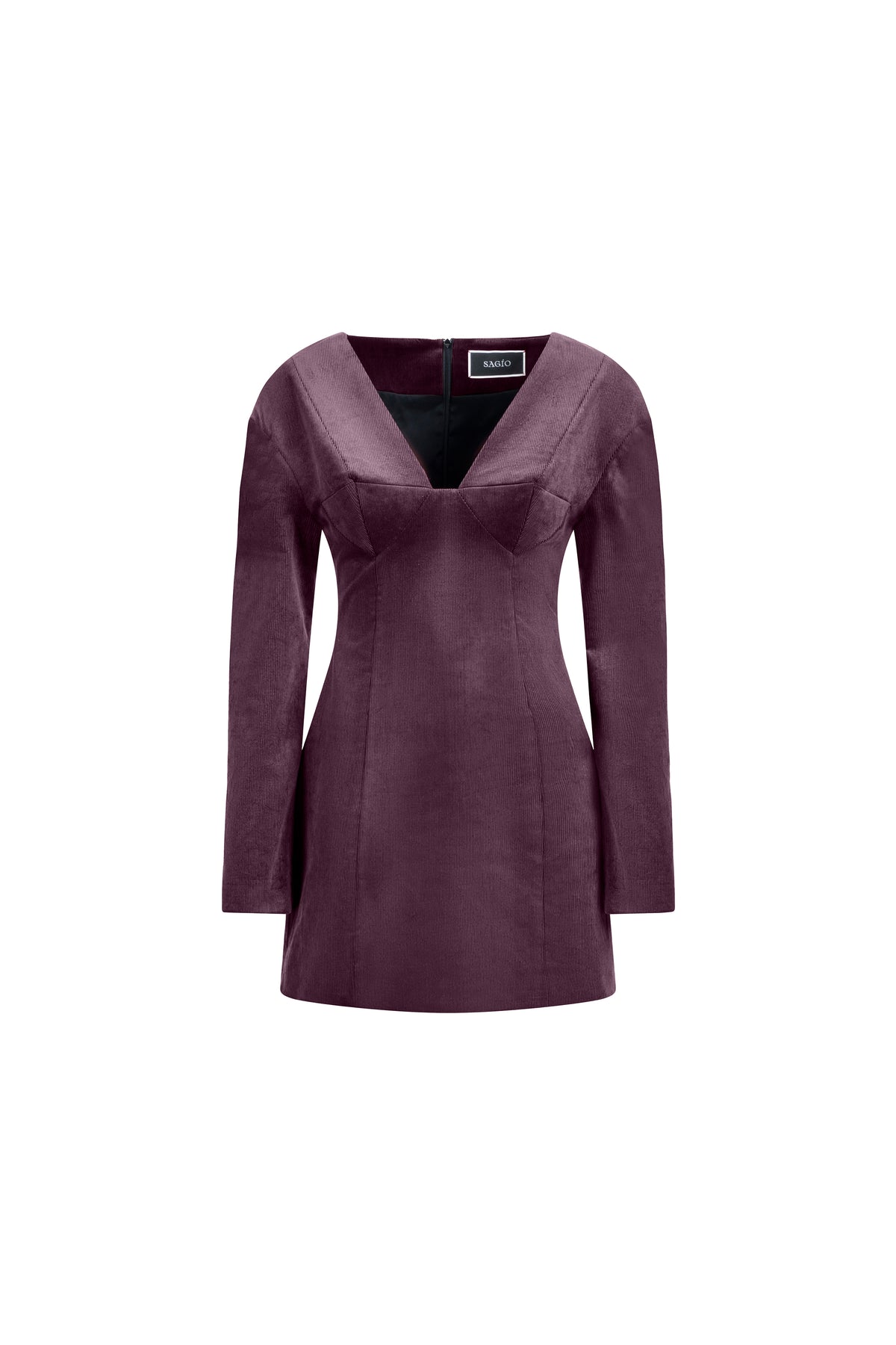 Falling Shoulders Dress in plum cotton with deep V neckline and long sleeves; tailored mini silhouette
