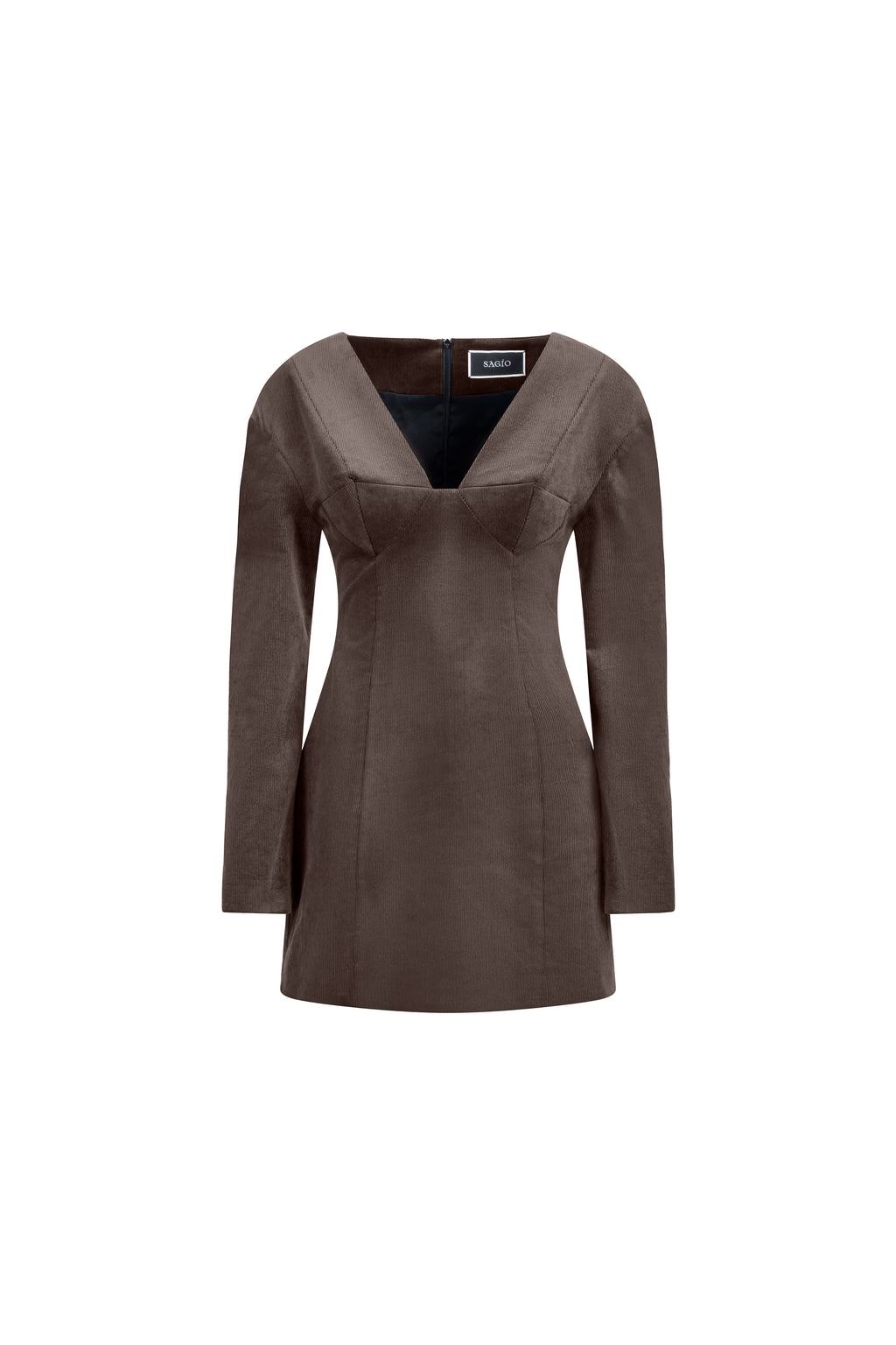 Falling Shoulders Dress in velvet brown cotton with deep V neckline and long sleeves; tailored mini silhouette
