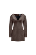 Falling Shoulders Dress in velvet brown cotton with deep V neckline and long sleeves; tailored mini silhouette