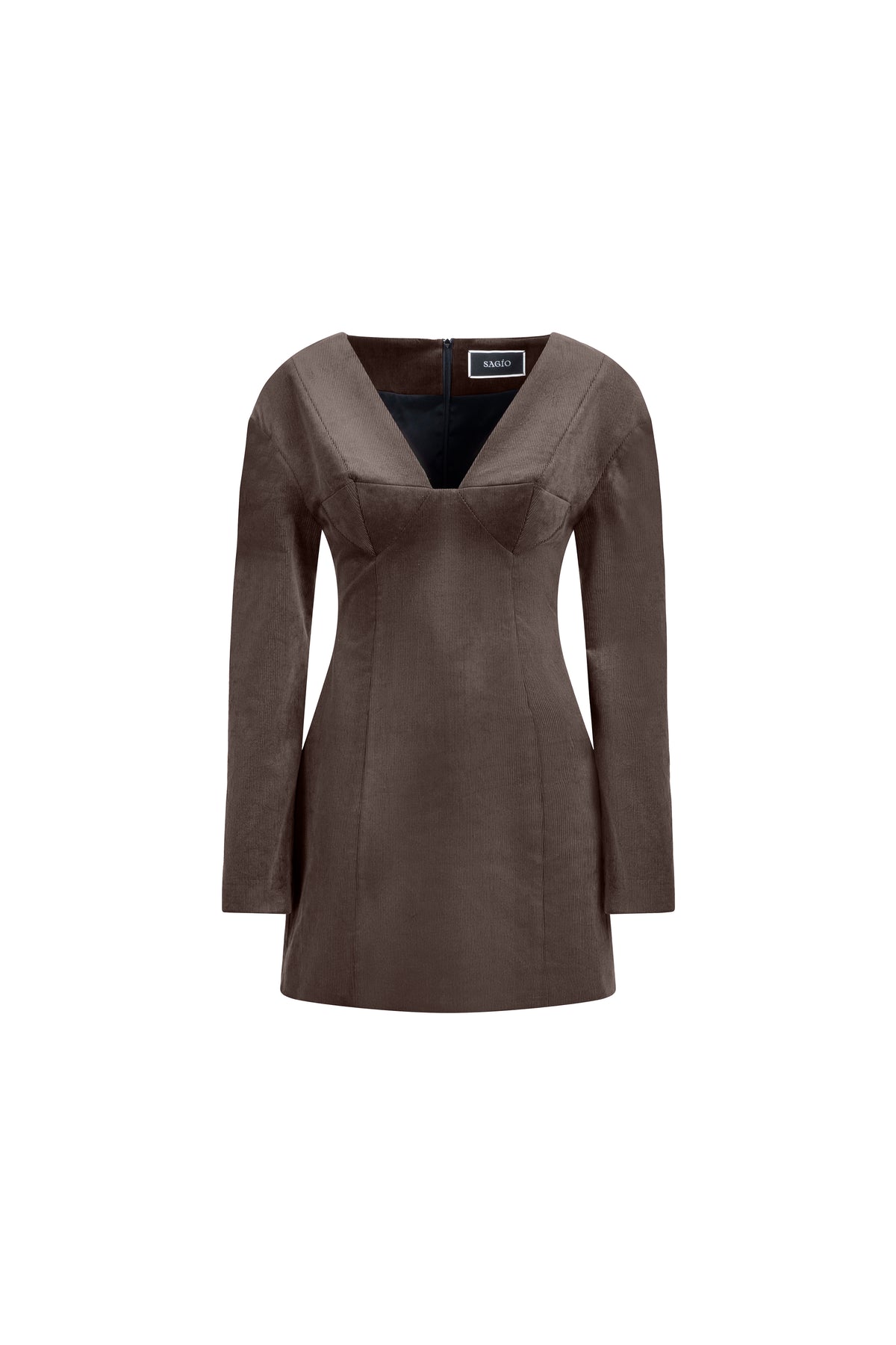 Falling Shoulders Dress in velvet brown cotton with deep V neckline and long sleeves; tailored mini silhouette