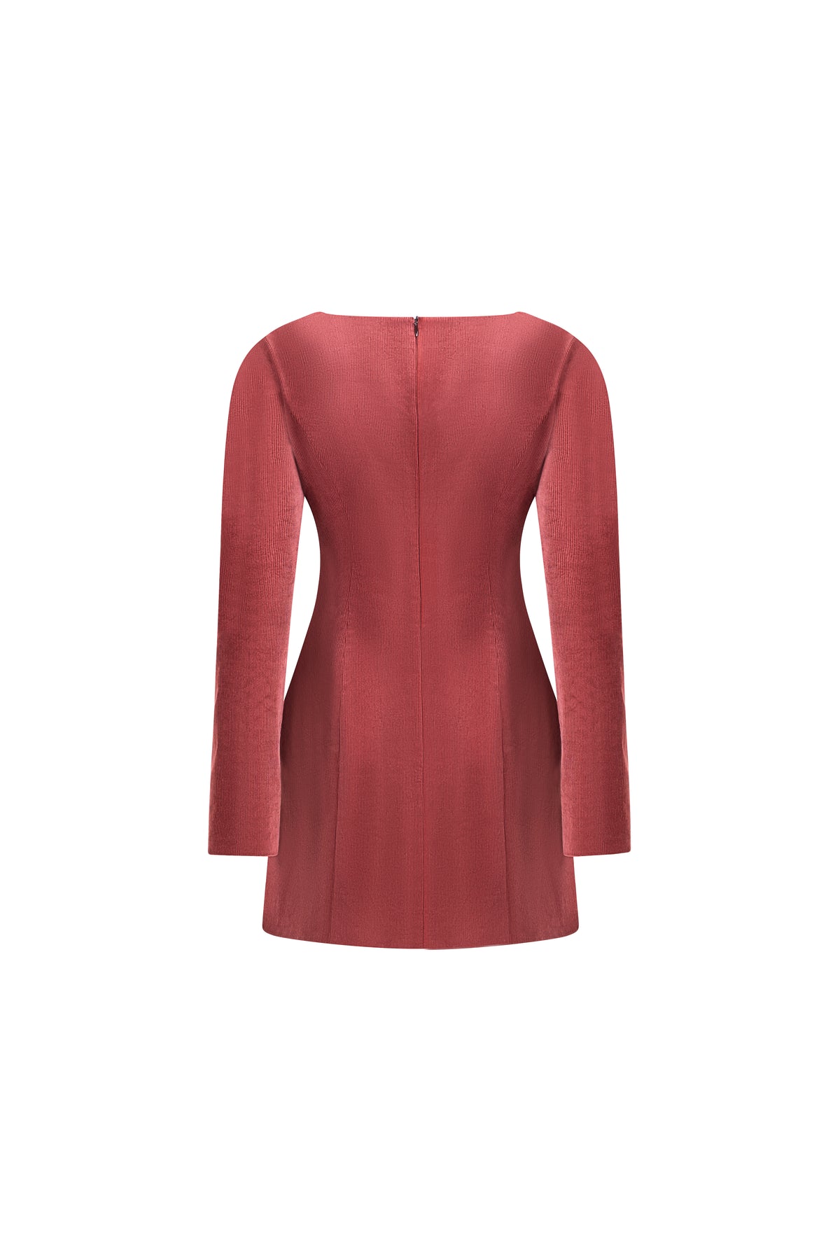 Terracotta cotton mini dress with long sleeves, invisible back zip and sculpted seams