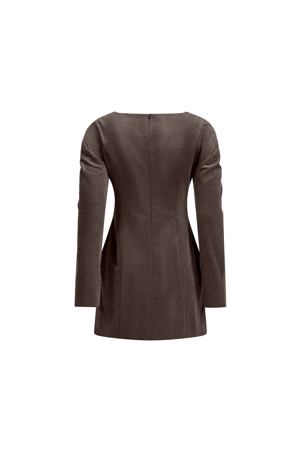 Velvet brown cotton mini dress with long sleeves, invisible back zip and sculpted seams