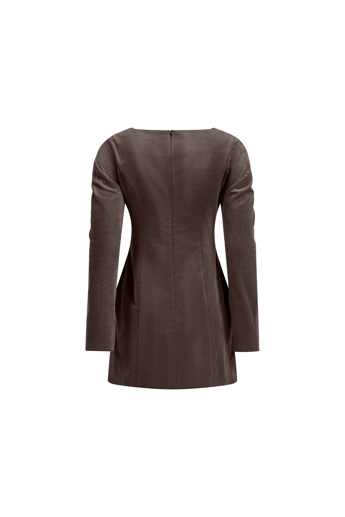Velvet brown cotton mini dress with long sleeves, invisible back zip and sculpted seams