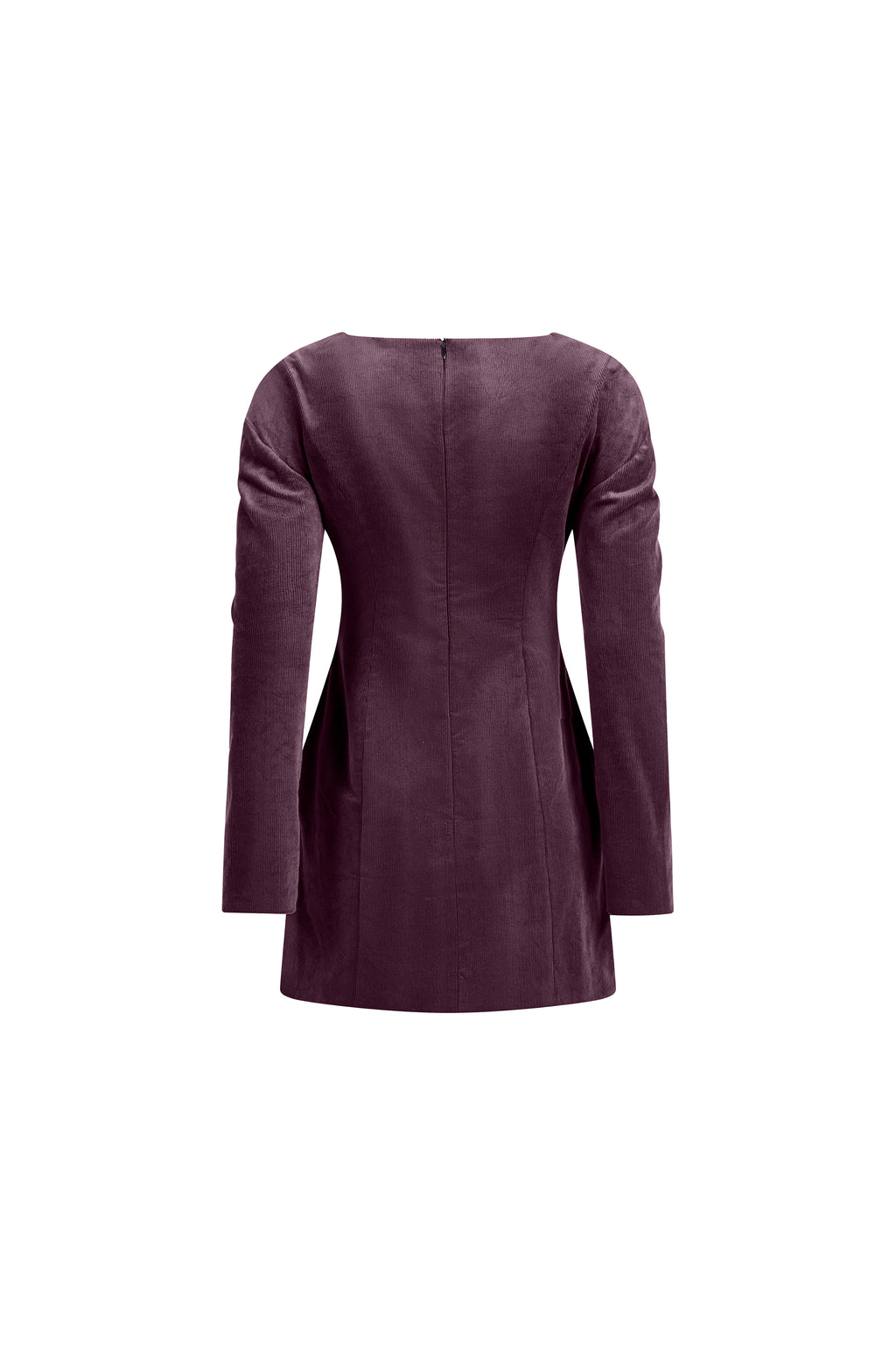 Plum cotton mini dress with long sleeves, invisible back zip and sculpted seams