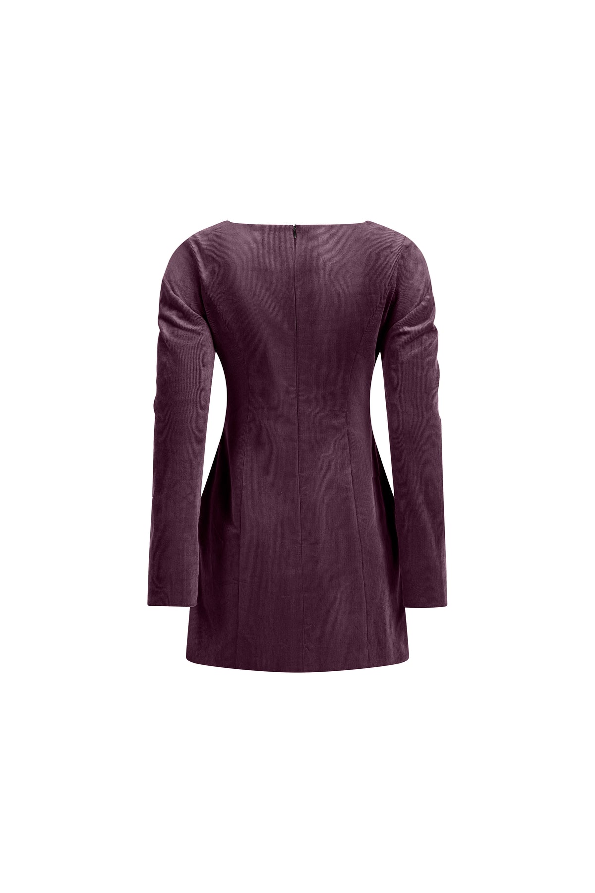 Plum cotton mini dress with long sleeves, invisible back zip and sculpted seams