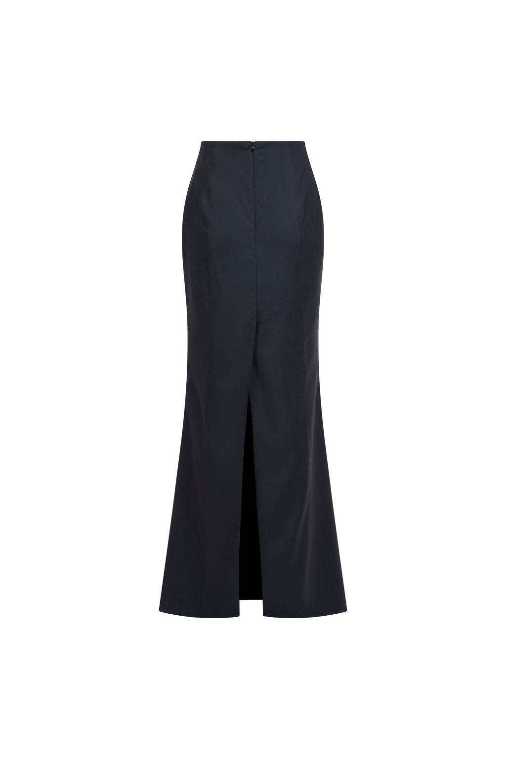 Long wool skirt showing center slit and clean seams.