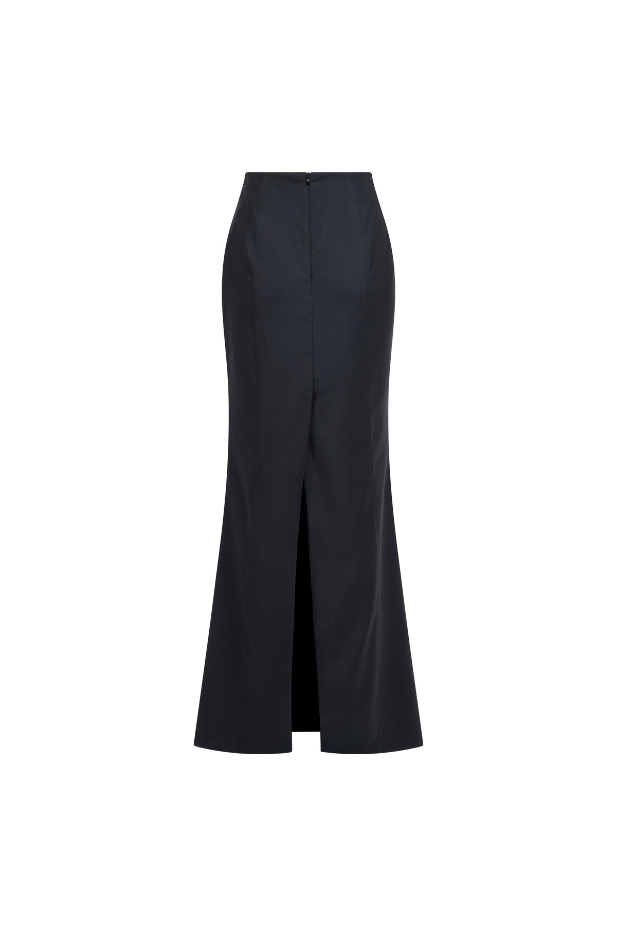 Long wool skirt showing center slit and clean seams.