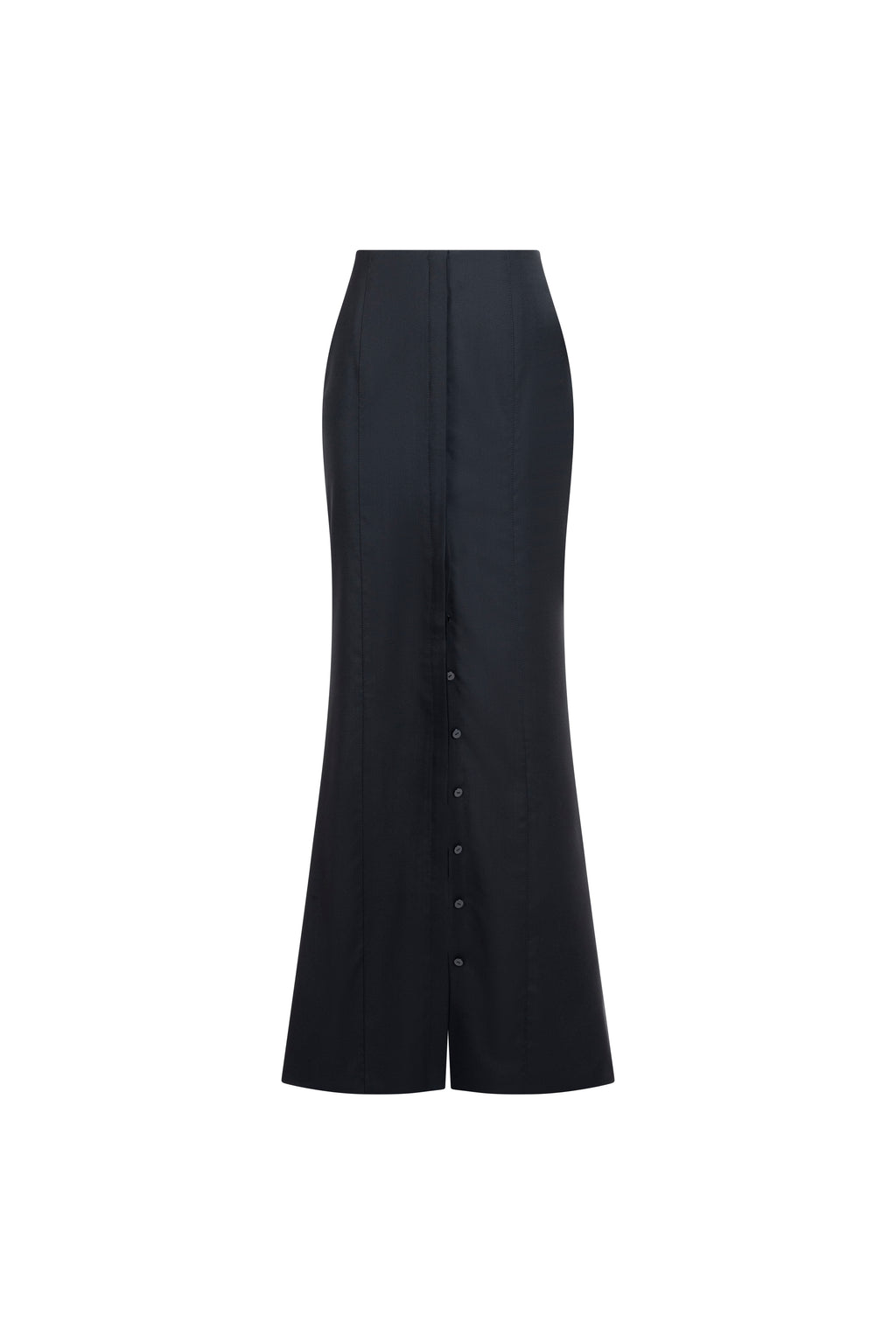 Long black wool skirt with high waist and placket.