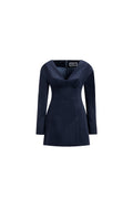 Falling Shoulders Dress in navy cotton, deep V neckline, long sleeves and fitted mini length