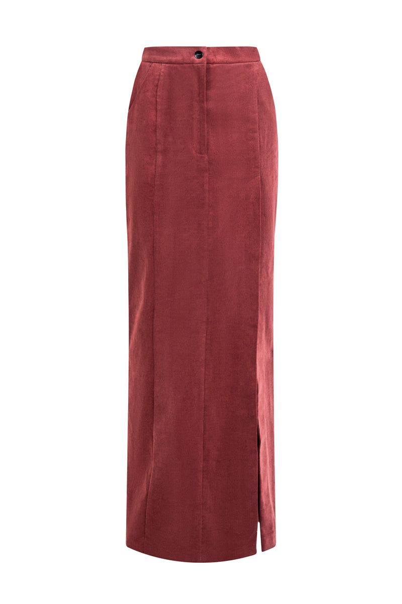 Cold Terracotta long cotton maxi skirt with subtle front slit and waistband button.