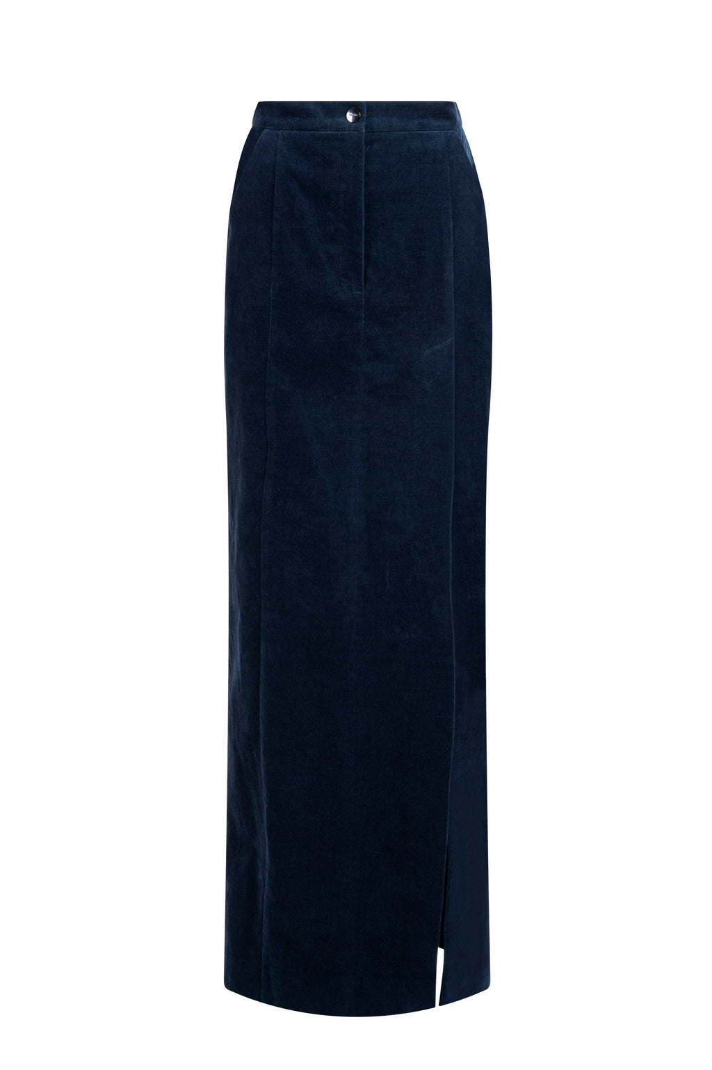 Dark Blue Long cotton maxi skirt with clean slit in burgundy.