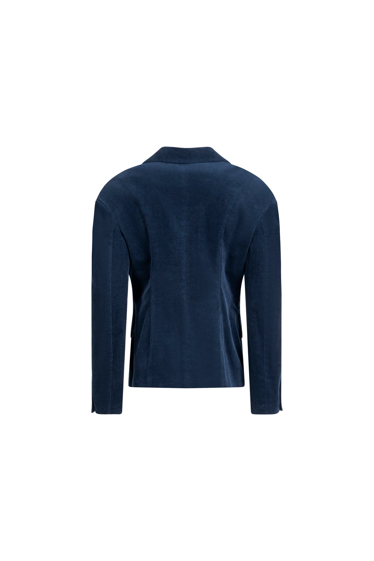 Navy cotton blazer showing subtle falling-shoulder construction