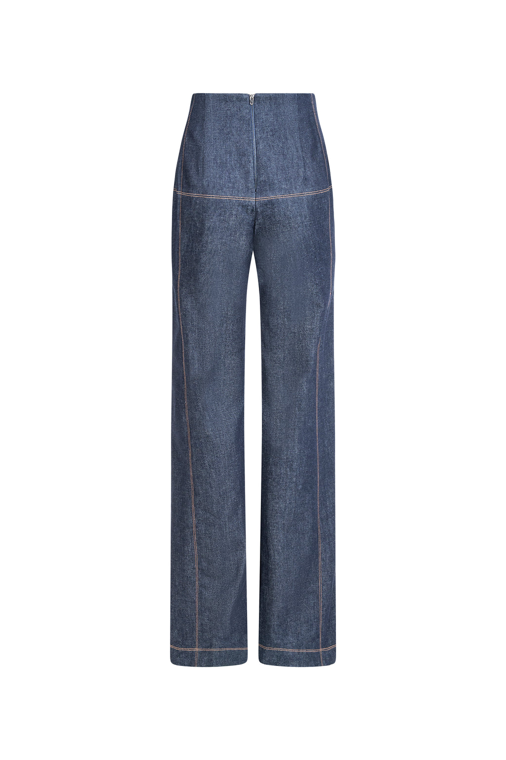 Showing high-rise waistband, back zip, and wide-leg silhouette in indigo denim