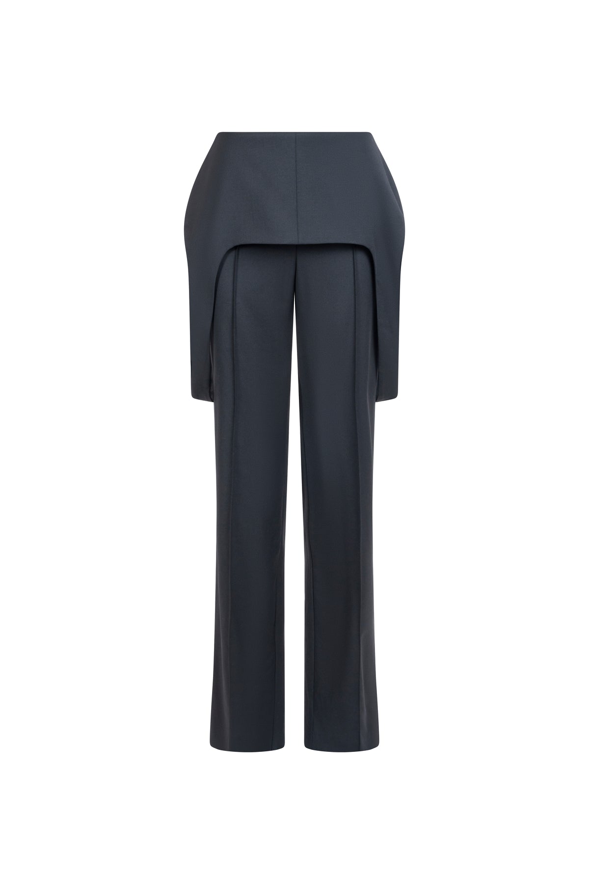 Black high-waist wool trousers, structured overskirt panels and neat straight-leg silhouette.