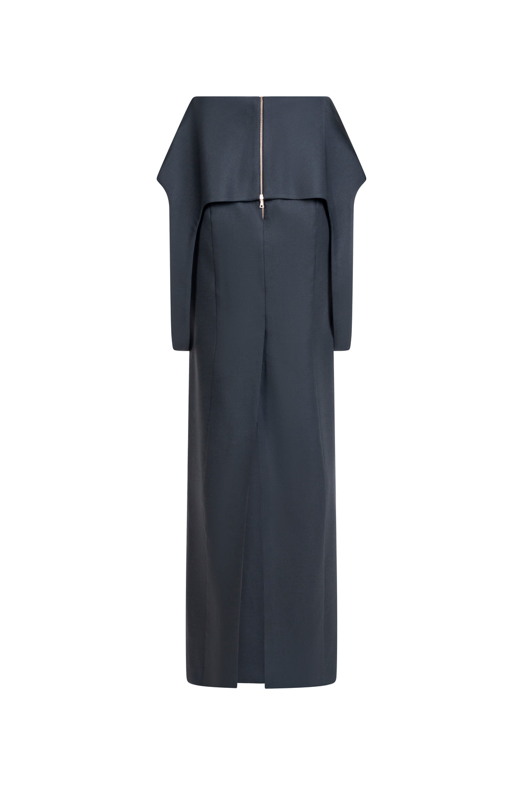 Black wool-blend maxi skirt with peplum hip, zipper and back slit.