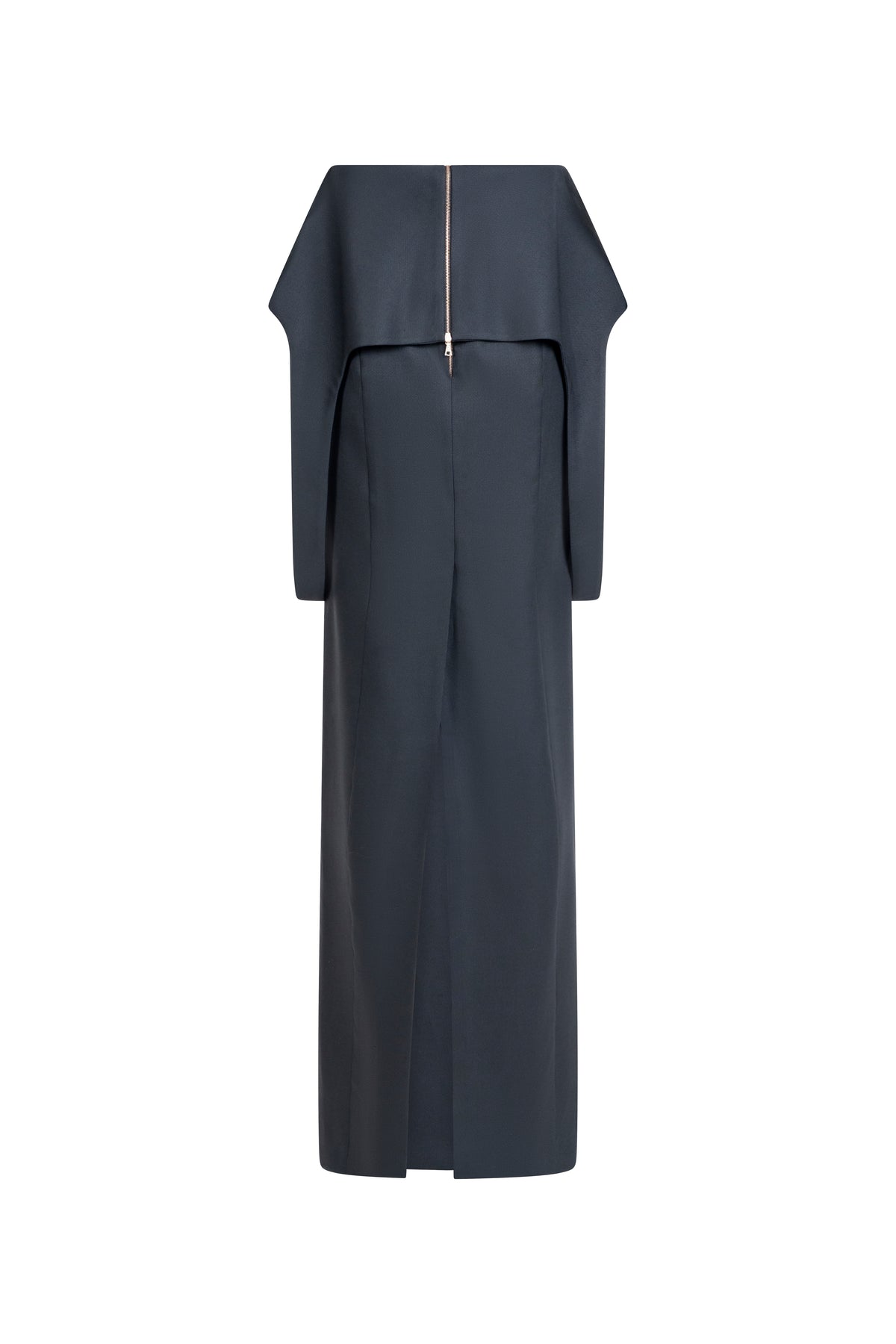 Black wool-blend maxi skirt with peplum hip, zipper and back slit.