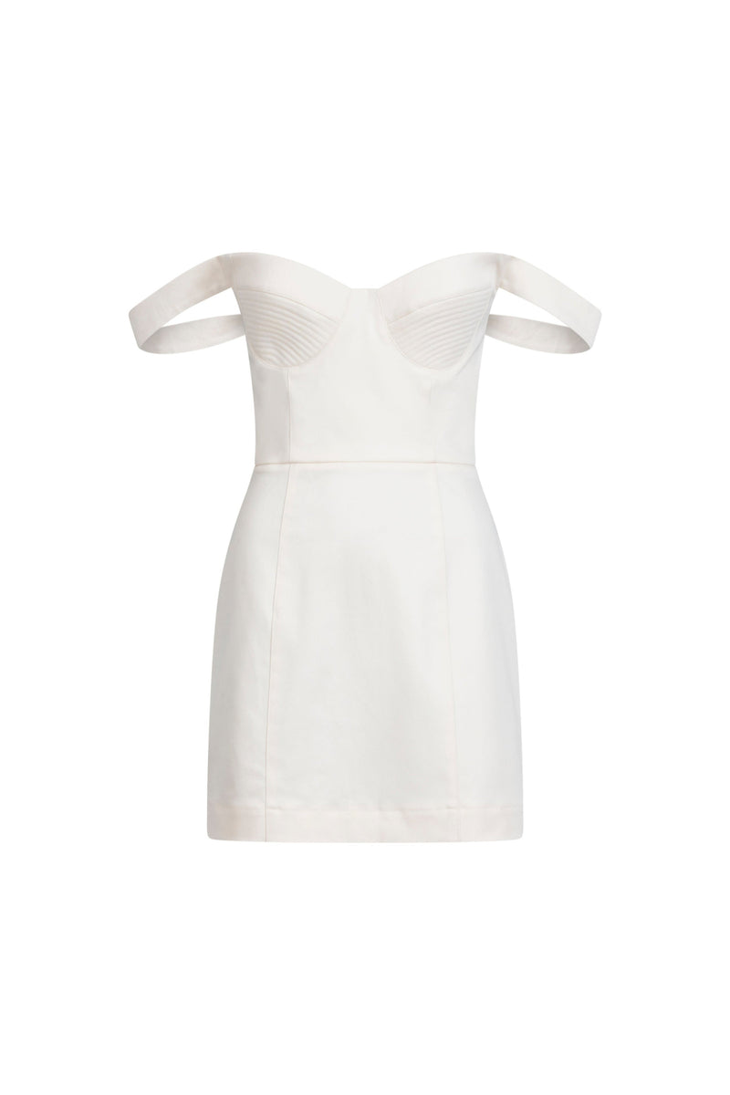 Beige Falling Straps Dress, front view, off-shoulder falling straps, sculpted bodice
