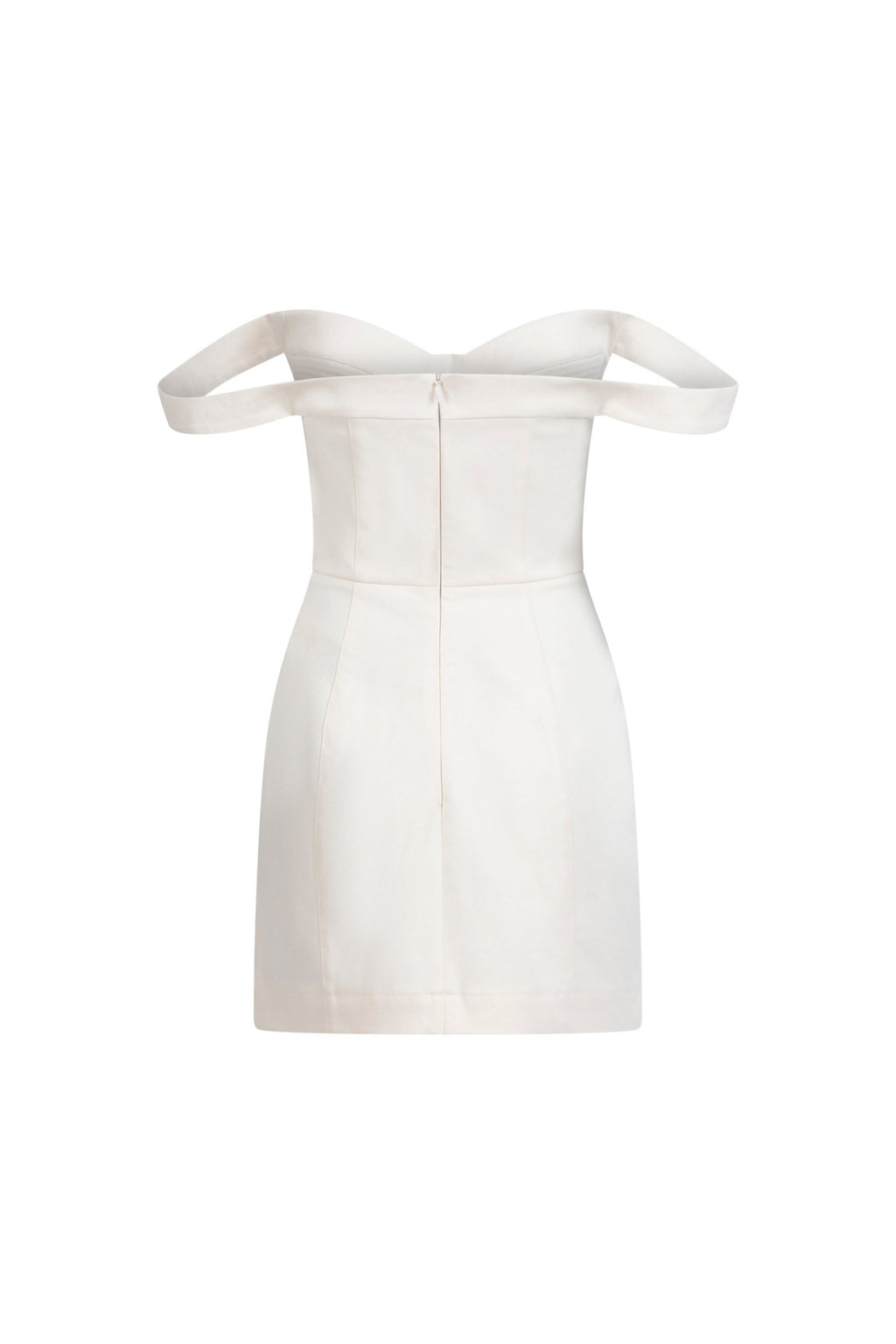 Beige Falling Straps Dress, back view, off-shoulder falling straps, zip closure