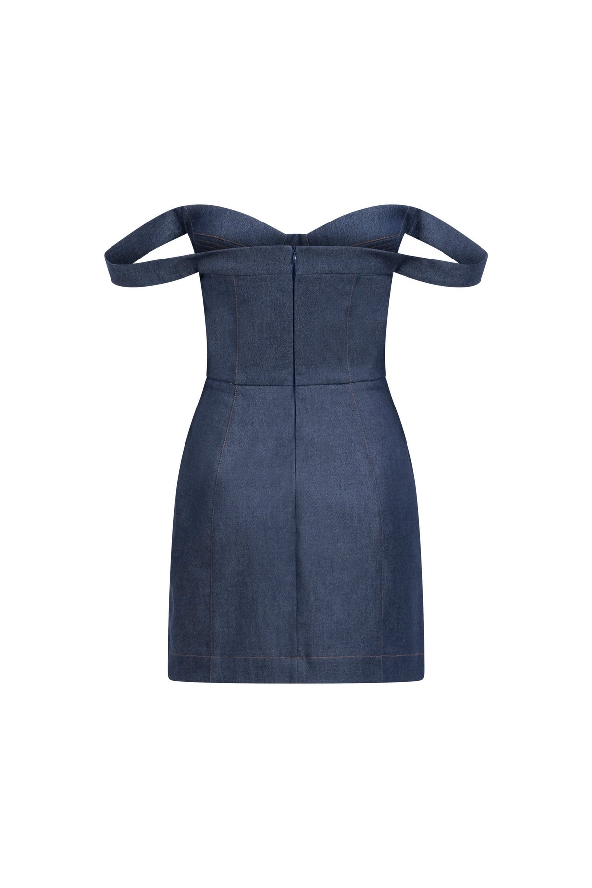 Denim Falling Straps Dress, back view, falling straps, paneled seams